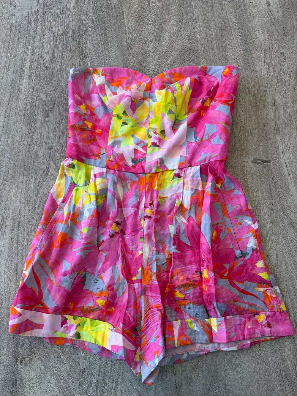 Trina Turk Strapless Floral Romper in Pink, Yellow, Orange